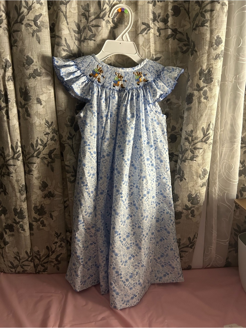 Smocked Ruffle-Shoulder Floral Kids Dress in Light Blue